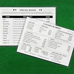 May include: Two laminated white reference cards for the card game Canasta. One card is titled Special Hands and lists requirements and scores for specific hands. The other card is titled Canasta Scoring and details card values, opening meld requirements, penalties, and scoring for melds, threes, and bonuses.