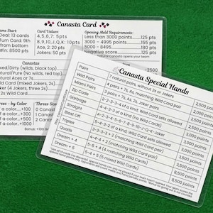 May include: Two rectangular, laminated reference cards for the card game Canasta. The cards feature black text on a white background, detailing game rules, card values, opening meld requirements, and a comprehensive list of Canasta Special Hands.