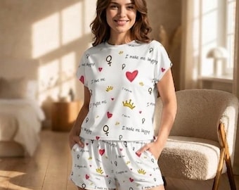 Self Love Heart Pattern Short Pajama Set | Feminist Symbols, Crown Print