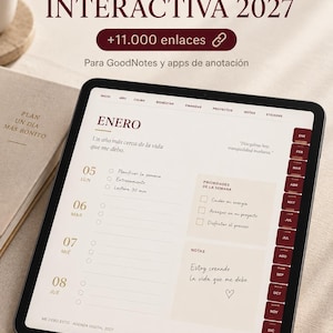 Puede incluir: Una agenda digital interactiva para 2027 mostrada en una pantalla de tableta. La interfaz presenta un diseño de calendario para enero con secciones para prioridades semanales, notas y pestañas de navegación para meses y categorías. Texto: ME DEBO ESTO.