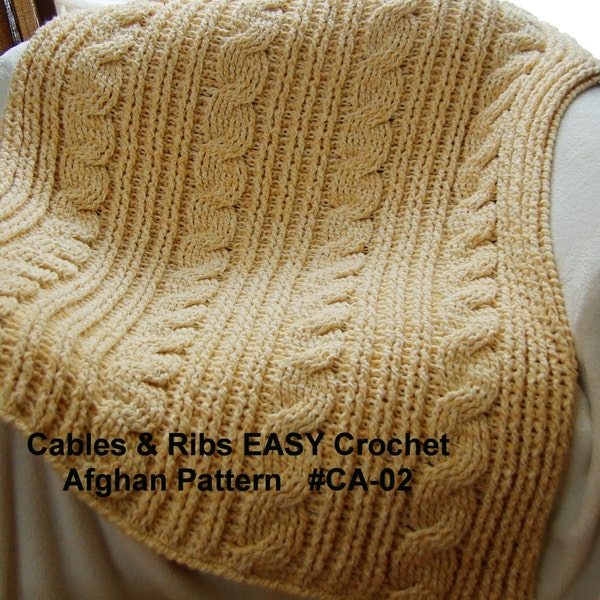 Crochet Blanket  Pattern. Cables & Rib EASY Crochet Afghan Pattern. Quick Project - Crochet Cable Pattern