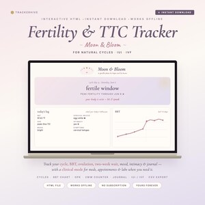 Peut inclure: Un écran d'ordinateur affichant le Fertility & TTC Tracker Moon & Bloom, une interface HTML interactive. Le tableau de bord présente une fenêtre fertile, des journaux quotidiens pour la température basale, la glaire cervicale et l'humeur.