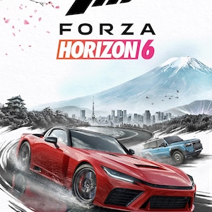 May include: A red sports car speeds along a winding road, with a blue SUV in the background. The image features the "Forza Horizon 6" logo, a mountain, and a cityscape. The words "Premium Upgrade" are at the top.
