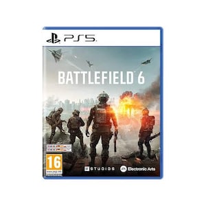 Puede incluir: Caja de juego de PlayStation 5 para Battlefield 6. La portada presenta soldados con equipo de combate, aviones de combate y el título del juego. El fondo muestra un paisaje urbano con explosiones.