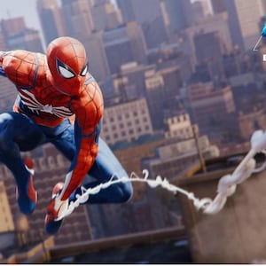 May include: A dynamic image of Spider-Man in a red and blue suit, leaping through the air with a web strand. The background features a cityscape with tall buildings, suggesting an action-packed scene.