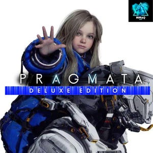 Puede incluir: La carátula del videojuego "Pragmata Deluxe Edition" presenta a una joven con un traje futurista azul y blanco, con un brazo robótico y el título del juego en blanco. El fondo es blanco.