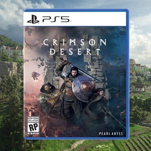 Könnte beinhalten: PS5-Spielhülle für "Crimson Desert" mit einem Krieger mit Schwert und Schild. Das Cover hat ein dunkles Fantasy-Thema mit blauem und rotem Farbschema. Das Spiel ist von der ESRB mit RP bewertet.