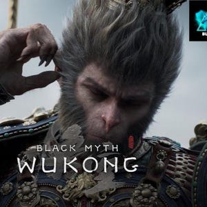 Può includere: Un ritratto digitale del personaggio Sun Wukong con pelliccia grigia, che indossa un'armatura ornata blu scuro e oro con intricati dettagli metallici. Il testo Black Myth Wukong è visualizzato in bianco, con un piccolo logo di unicorno blu.