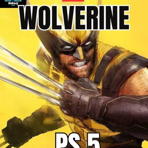 May include: A digital illustration of the Marvel character Wolverine against a bright yellow background. The character wears a yellow and black suit and mask, displaying metallic claws. Text includes MARVEL, WOLVERINE, and PS 5, with a BURAQ logo.