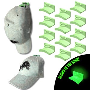 Glow in the Dark Hat Hooks Wall Mount — No Drill 3M Adhesive — Dual Display — 3D Printed Hat Holder — 12 or 24 Pack
