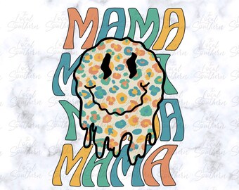 DIGITAL Groovy Mama // Acid Smiley Face // Leopard Print // Retro Boho Color Palette PNG File
