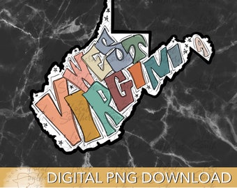 DIGITAL Hand Drawn Lettering Retro State of West Virginia  PNG FILE