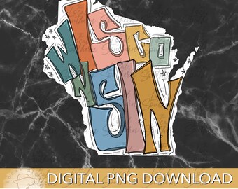 DIGITAL Hand Drawn Lettering Retro State of Wisconsin  PNG FILE