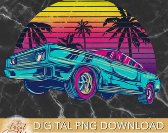 DIGITAL Neon Retro Muscle Car // Distressed and Non Distressed Options // 2 files // PNG file