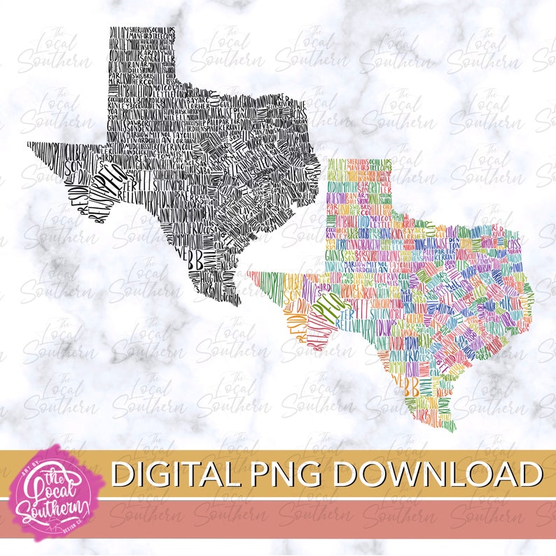 Texas Map Pattern Texas Counties Map: Hand Lettering, Colorful PNG Files (digital ...