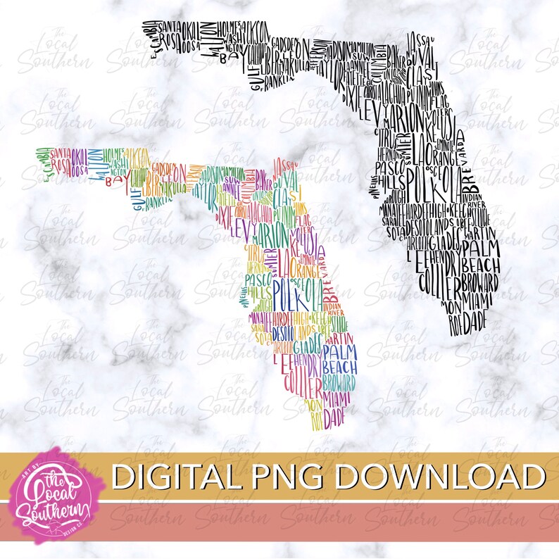DIGITAL State of Florida Colorful Counties Hand Lettering / Color and ...