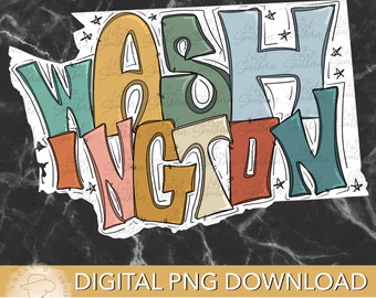 DIGITAL Hand Drawn Lettering Retro State of Washington  PNG FILE
