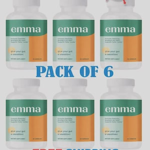 May include: A pack of six white supplement bottles with green and orange labels. The labels read "emma" and promote regularity. The image includes the text "Pack of 6" and "Recommended" and "Limited Time Offer".