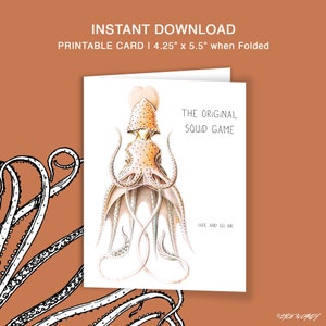 Originele inktvis spel opvouwbare kaart afdrukbaar | A2 digitale kaart | Direct downloaden | Elke gelegenheid | Blanco binnenkant | Kleurrijk | Grappig, voel je goed