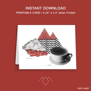 Coffee Pie Love Card | Imprimível | Cartão digital | Download instantâneo | Preto Branco Vermelho | Em branco por dentro | Dobrável | Twin Peaks