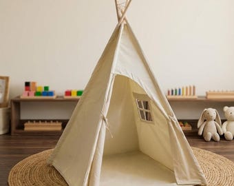 Tienda tipi Montessori para niños, casita de juegos infantil con luces de lona de algodón y luces de estrellas.