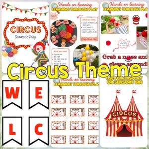 May include: A digital circus-themed educational activity set featuring printable banners, clown-themed learning materials, ticket templates, and a red and white striped circus tent illustration, all designed for hands-on learning and dramatic play.
