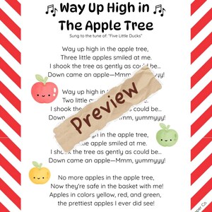 May include: A printed song sheet titled Way Up High in The Apple Tree with lyrics, musical notes, and illustrations of red, green, and yellow smiling apples. The border features a red and white geometric pattern, and a tan paper strip reads Preview.