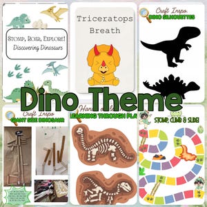 Peut inclure: Une collection de fiches d'activités éducatives avec des illustrations de dinosaures, incluant un jeu de plateau, des schémas de squelettes et des idées de bricolage. Le texte comprend Stomp, Roar, Explore, Discovering Dinosaurs, Triceratops Breath, Dino Silhouettes, Giant Size Dinosaur, Learning Through Play et Stomp, Climb & Slide.