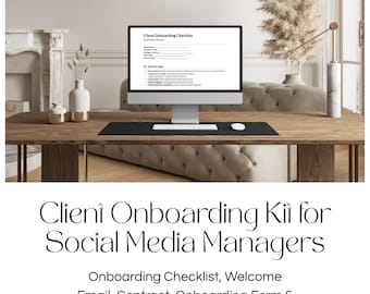 Puede incluir: Un monitor de computadora que muestra una lista de verificación de incorporación de clientes para administradores de redes sociales, con el texto Client Onboarding Kit for Social Media Managers, Onboarding Checklist, Welcome Email, Contract, Onboarding Form & Kickoff Call Template.