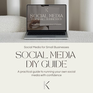 May include: A silver laptop displaying "SOCIAL MEDIA FOR SMALL BUSINESSES" and "SOCIAL MEDIA DIY GUIDE" text. The guide offers practical tips for running social media with confidence. The laptop rests on a white, textured surface.