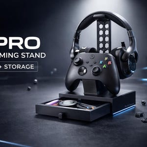 May include: A black gaming stand with the text "PRO GAMING STAND + STORAGE". The stand holds a black headset and a black game controller. A drawer is open, revealing small items. The stand is on a dark surface.