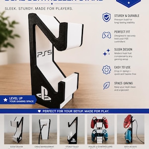 Peut inclure: Support de manette double PS5 noir et blanc. Le support est élégant, robuste et conçu pour les joueurs. Il comporte le texte "PS5" et "Dual Controller Stand". Le support est conçu pour contenir deux manettes et est un cadeau parfait pour les joueurs.