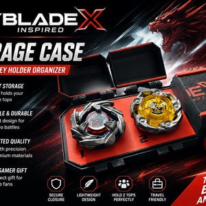 May include: A black and red Beyblade X storage case with two Beyblade tops. The case is labeled "STORAGE CASE" and "3D PRINTED BEY HOLDER ORGANIZER". The case is designed to hold two tops and is labeled "BUILT FOR BATTLE".