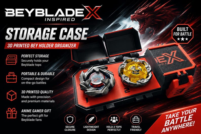May include: A black and red Beyblade X storage case with two Beyblade tops. The case is labeled "STORAGE CASE" and "3D PRINTED BEY HOLDER ORGANIZER". The case is designed to hold two tops and is labeled "BUILT FOR BATTLE".