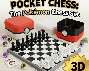 Pokéball-Schachset mit Aufbewahrungsbox | Pokémon-inspiriertes Schachbrett | Tragbares Schachset | Geschenk für Geeks | Reiseschachspiel | Dekoration fürs Gaming-Zimmer