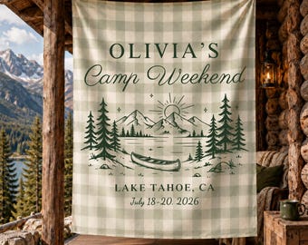 Personalized Camp Weekend Tapestry Banner, Bachelorette Camping Party Decor, Bride Girls Trip Cabin Wall Hanging, Custom Lake Backdrop Sign
