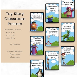Puede incluir: Un conjunto de carteles de Toy Story para el aula con mensajes de mentalidad de crecimiento. Cada cartel presenta un personaje de la película y una cita inspiradora. Los carteles están disponibles en varios tamaños, incluyendo 21,6 x 27,9 cm, 27,9 x 35,6 cm y 15,2 x 22,9 cm.