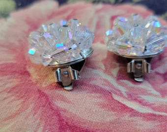 Vintage 1950s Aurora Borealis Crystal Bead Clip-on Earrings
