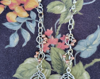 Silver Leaves and Dusty Rose Pink Beaded Chain Earrings