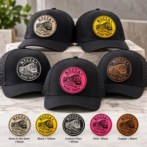 NYC Subway Work Train Leather Patch Hat, Trac Fit Flex Band Cap, Custom Department Design, Railroad Worker Gift