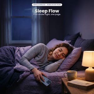 May include: A digital download product titled Sleep Flow, Your whole night, one page. The image shows a person sleeping in a bed with purple bedding, holding a smartphone. A bedside lamp and a book are on the nightstand next to the bed.