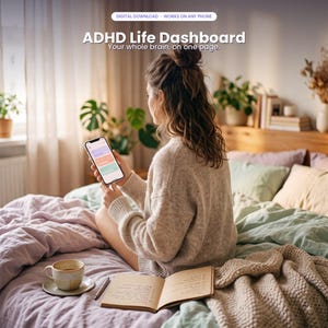 May include: A digital download titled ADHD Life Dashboard, Your whole brain, on one page, displayed on a smartphone screen. The interface features colored rectangular blocks for organization, designed to function on any mobile phone device.