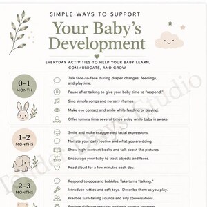 Puede incluir: Una lámina informativa blanca titulada Simple Ways to Support Your Baby's Development, con ilustraciones en verde salvia y beige de una hoja, una nube, un conejo y un elefante, junto a texto sobre actividades para el desarrollo del bebé.