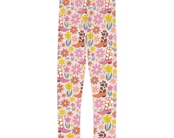 Leggings per bambini con motivo floreale retrò a mucca / AOP con fiori selvatici rosa