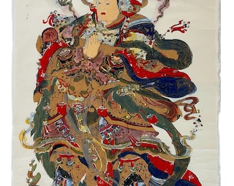 Chinesischer Türgott Qin Shubao – Großer 42,5" x 26,5" Holzschnitt auf Reispapier