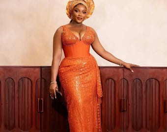 Orange Lace Bridal Gown, Asoebi Reception, Elegant Prom Dress/Thanksgiving Dress