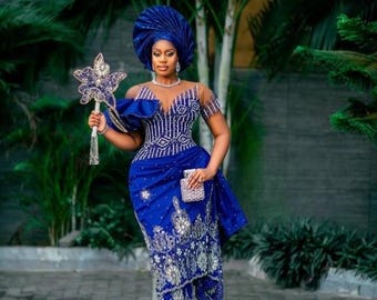 Abito da sposa africano blu ricamato a mano, abito da cerimonia nigeriano