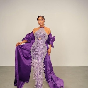 plus size formal dress with feathers Feathered Plus-Size Long Beaded Prom Dress A1229C Royal / 16