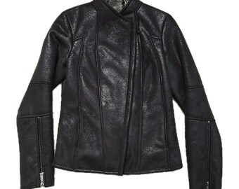 CACHE Moto Jacke Bomber Kunstleder Kunstpelz gefüttert Schwarz Gr. S Y2K Warm