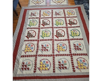 Vtg Grannycore Cottagecore Flower Basket Quilt Handmade Stiched 88" x96" Baskets